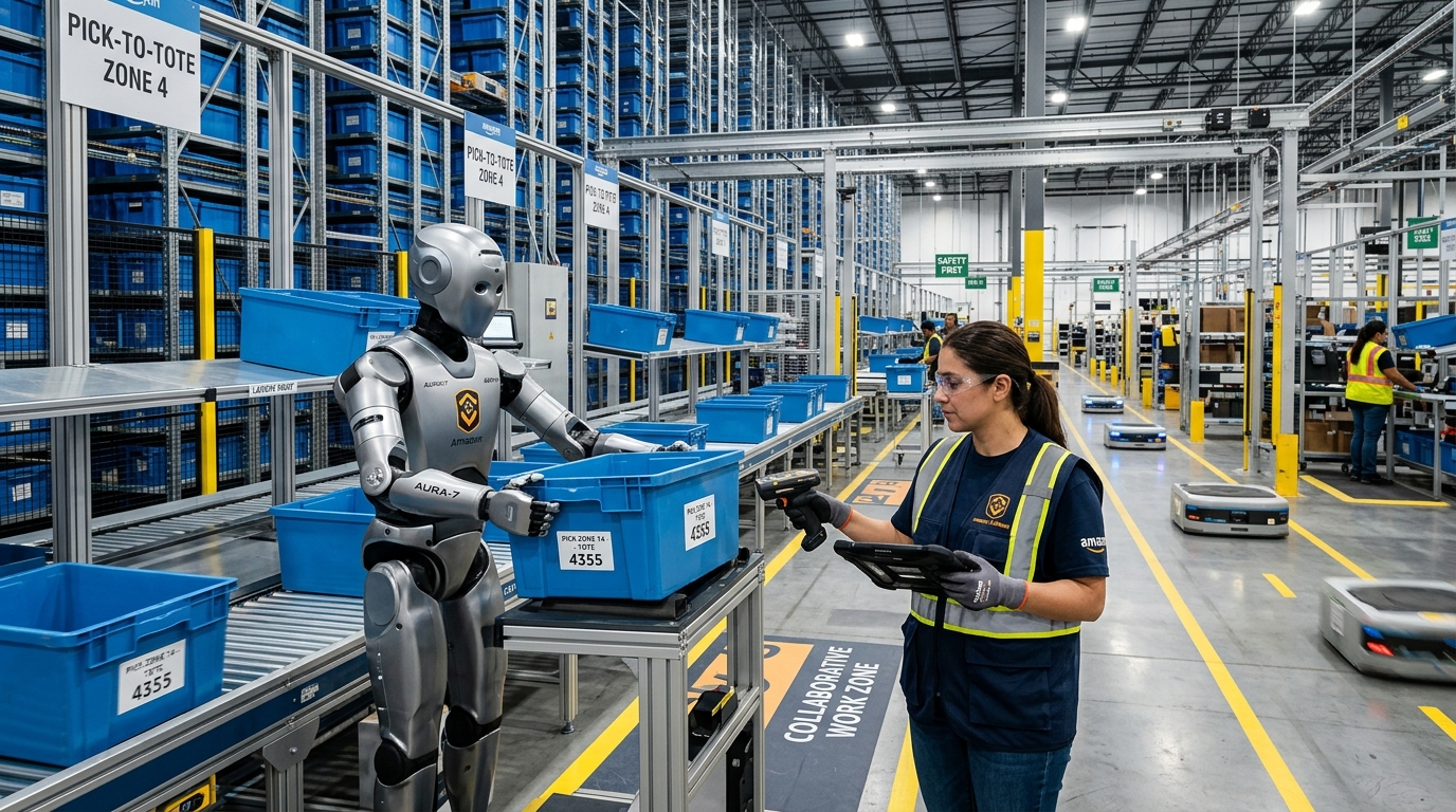 Automated logistics facility humanoid staging